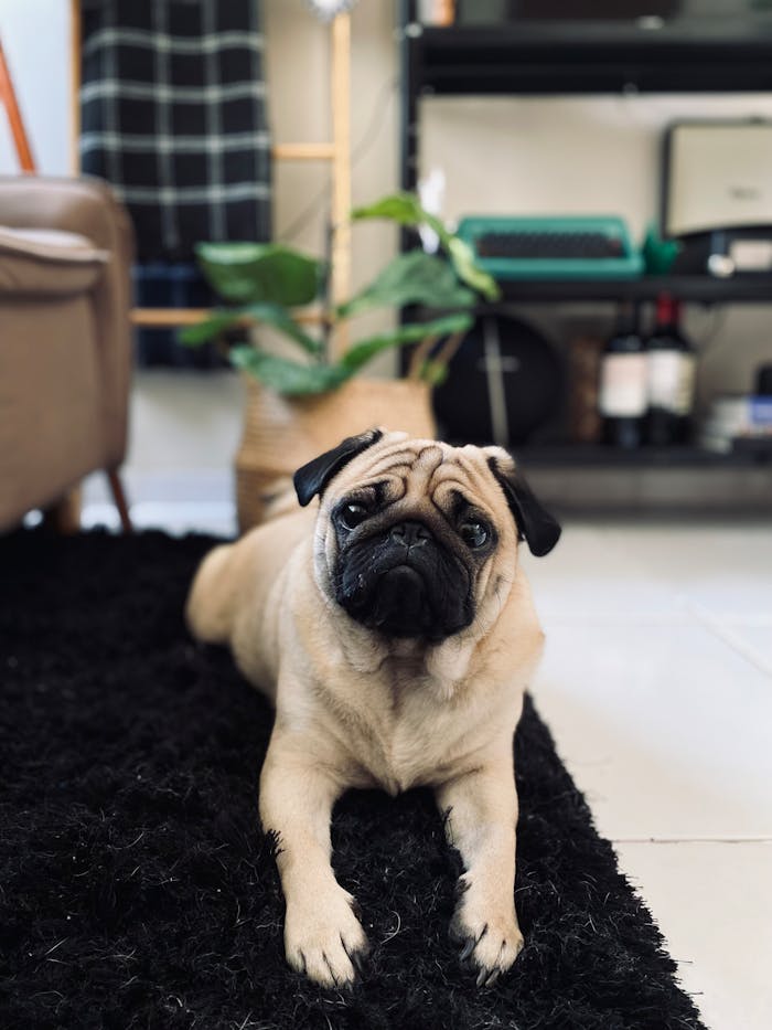 A cute pug dog lying on a black rug in a stylish Brazilian living room indoors.