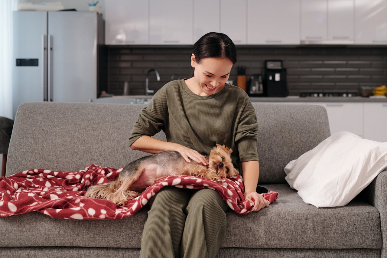 Woman petting a small dog on a cozy couch, enjoying a relaxing moment at home.